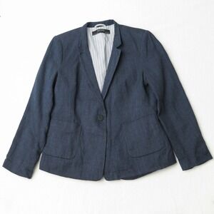 Zara Schoolboy Blazer Womens XL Navy Blue Single Breasted Linen Corpcore